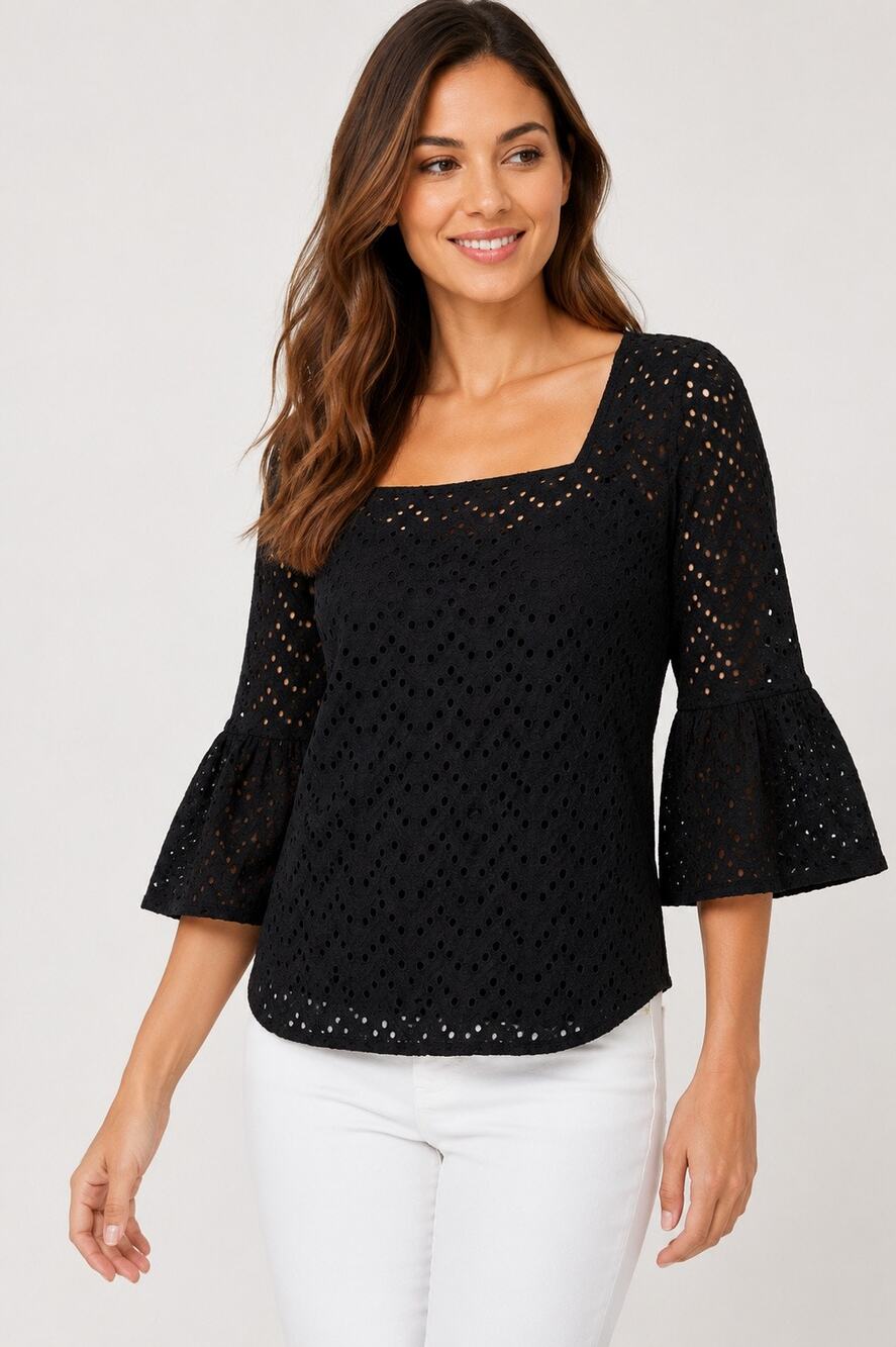 Halogen Black Eyelet Bell Sleeve Top | Square Neck | Size Medium